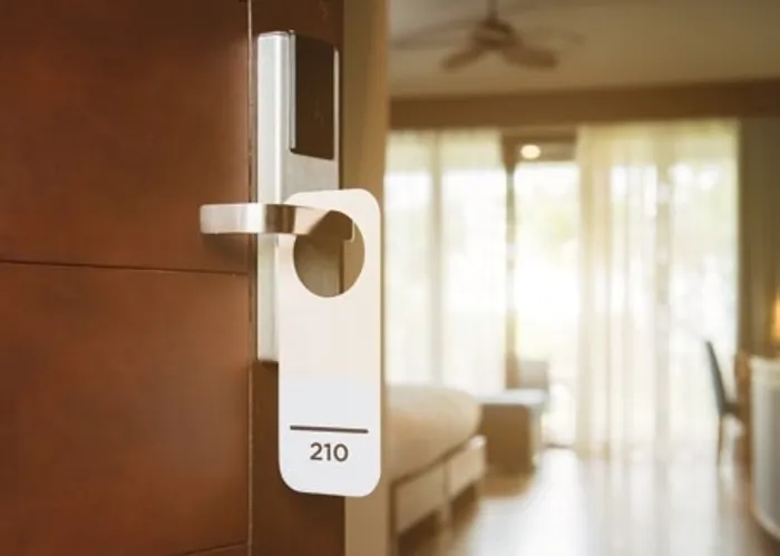 Étiquette de porte et vue sur une chambre